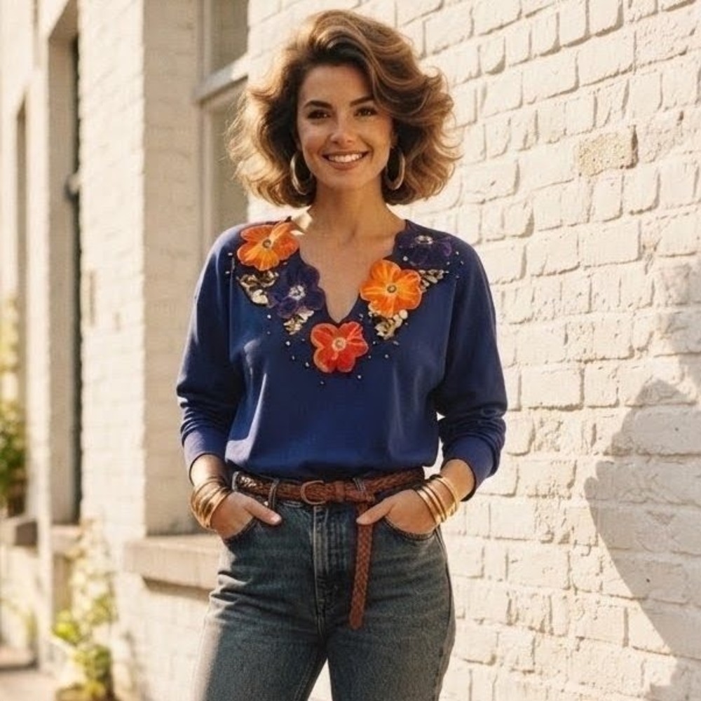 Vintage Floral Tunic Top Womens Large Blue Embroidered 90s Cottage Retro Kitsch